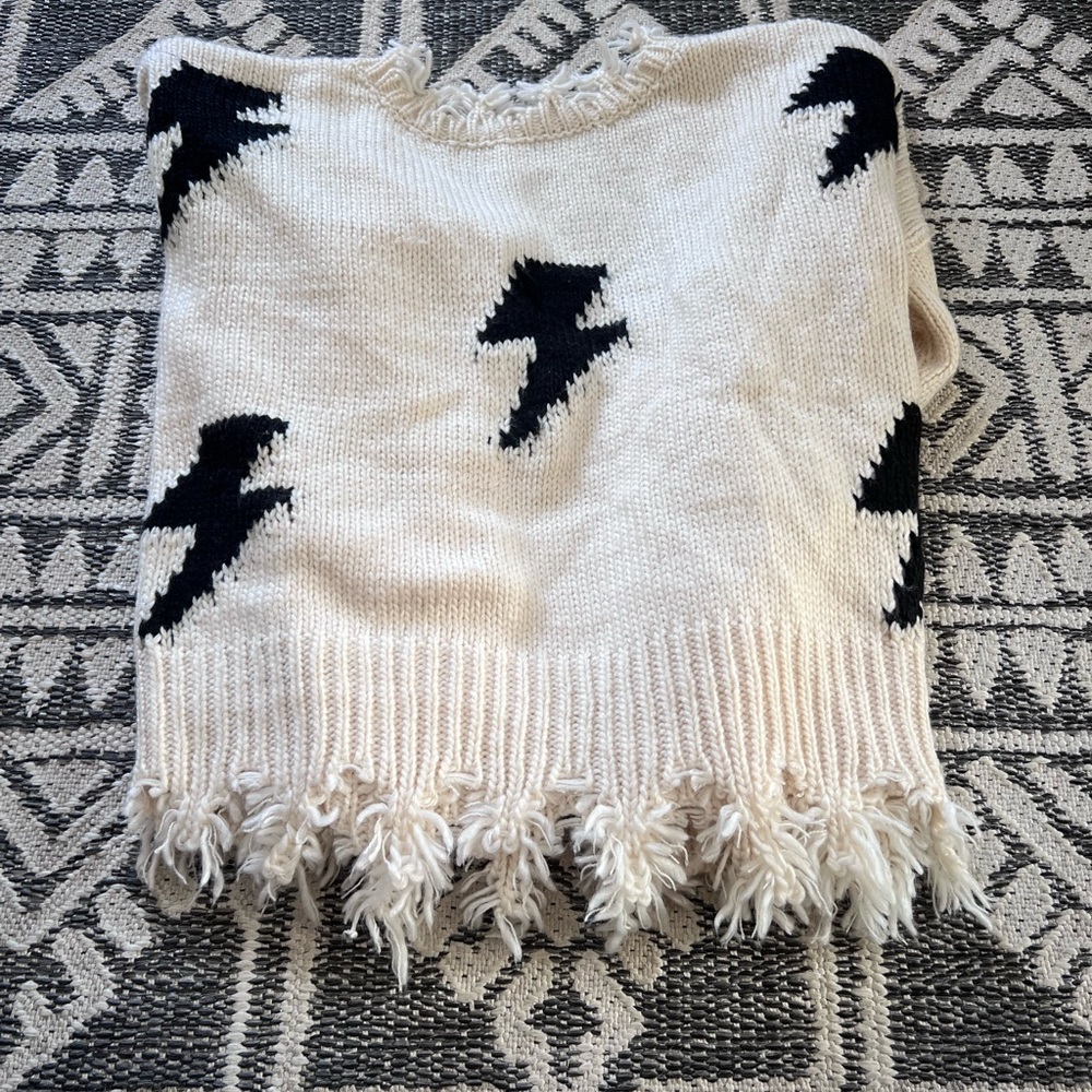 Fringed Cream and Black Sweater
